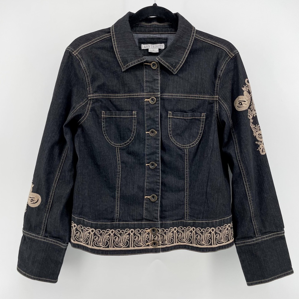 Ann Trinity Womens Denim Jacket Gray Buttoned Embroidered M